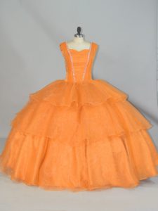 Ball Gowns 15 Quinceanera Dress Orange Straps Organza Sleeveless Floor Length Lace Up