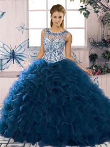 Affordable Navy Blue Sweet 16 Dress Military Ball and Sweet 16 and Quinceanera with Beading and Ruffles Scoop Sleeveless Lace Up
