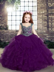 Enchanting Ball Gowns Little Girls Pageant Dress Eggplant Purple Straps Tulle Sleeveless Floor Length Lace Up