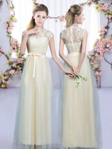 Fashion Champagne High-neck Neckline Lace and Bowknot Quinceanera Court Dresses Cap Sleeves Zipper