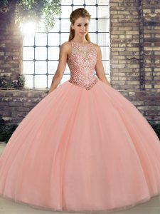 Peach Tulle Lace Up Scoop Sleeveless Floor Length Quinceanera Gown Embroidery