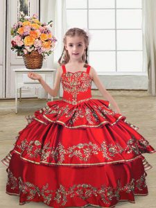 Gorgeous Red Sleeveless Embroidery and Ruffled Layers Floor Length Kids Pageant Dress
