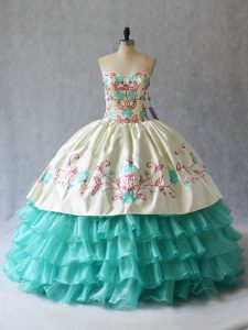Floor Length Aqua Blue Vestidos de Quinceanera Satin and Organza Sleeveless Embroidery and Ruffled Layers