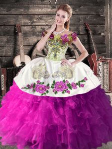 Inexpensive White And Purple Sleeveless Floor Length Embroidery and Ruffles Lace Up Quinceanera Gown