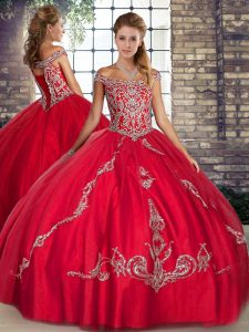 Beading and Embroidery 15 Quinceanera Dress Red Lace Up Sleeveless Floor Length