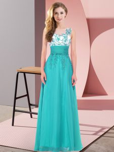 Superior Teal Empire Scoop Sleeveless Chiffon Floor Length Backless Appliques Quinceanera Court Dresses
