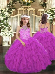 Sleeveless Tulle Floor Length Lace Up Kids Formal Wear in Fuchsia with Beading and Ruffles