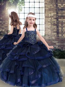 High End Ball Gowns Little Girls Pageant Gowns Navy Blue Straps Tulle Sleeveless Floor Length Lace Up