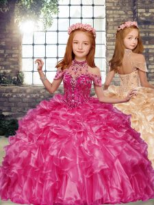 Hot Sale Floor Length Ball Gowns Sleeveless Hot Pink Little Girl Pageant Dress Lace Up