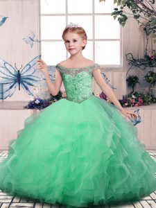 Enchanting Apple Green Off The Shoulder Lace Up Beading and Ruffles Child Pageant Dress Sleeveless