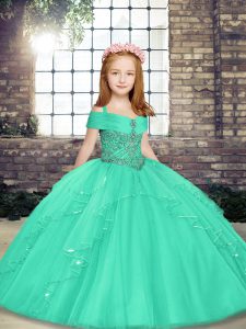 Straps Sleeveless Little Girl Pageant Gowns Floor Length Beading Aqua Blue Tulle