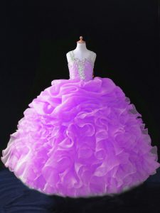Discount Ball Gowns Pageant Gowns Lilac Straps Organza Sleeveless Floor Length Zipper
