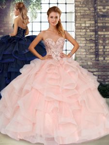 Artistic Baby Pink Tulle Lace Up 15th Birthday Dress Sleeveless Floor Length Beading and Ruffles