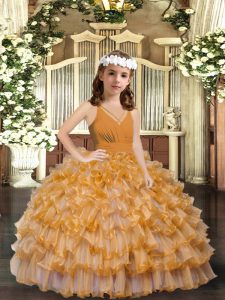 Floor Length Gold Little Girls Pageant Dress V-neck Sleeveless Zipper