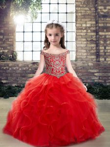 Red Kids Pageant Dress Party and Wedding Party with Beading and Ruffles Off The Shoulder Sleeveless Lace Up