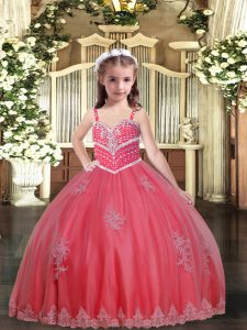 Beading and Appliques Little Girls Pageant Dress Watermelon Red Lace Up Sleeveless Floor Length