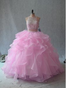 Sleeveless Organza Floor Length Backless Sweet 16 Quinceanera Dress in Pink with Beading and Ruffles