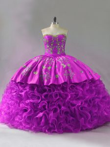 Fuchsia Sleeveless Organza and Fabric With Rolling Flowers Brush Train Lace Up Sweet 16 Dresses for Sweet 16 and Quinceanera