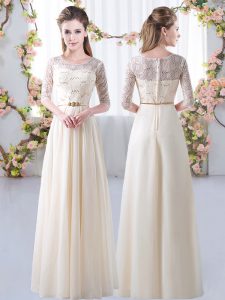 Champagne Empire Chiffon Scoop Half Sleeves Lace and Belt Floor Length Zipper Quinceanera Court Dresses