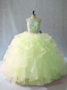 Halter Top Sleeveless 15 Quinceanera Dress Brush Train Beading and Ruffles Yellow Green Organza