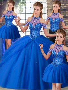 Blue Ball Gowns Halter Top Sleeveless Tulle Brush Train Lace Up Beading and Pick Ups Quince Ball Gowns