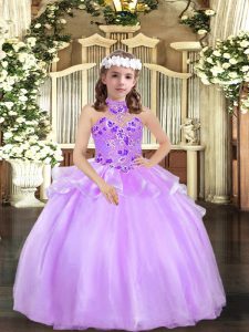 Latest Lavender Organza Lace Up Child Pageant Dress Sleeveless Floor Length Appliques