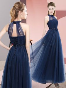 Navy Blue Court Dresses for Sweet 16 Wedding Party with Beading and Appliques Halter Top Sleeveless Lace Up