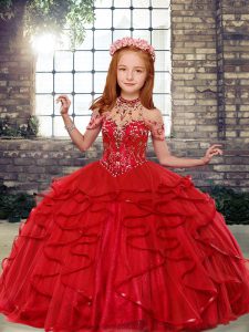 Beautiful Red Sleeveless Tulle Lace Up Little Girls Pageant Dress for Prom and Party and Wedding Party
