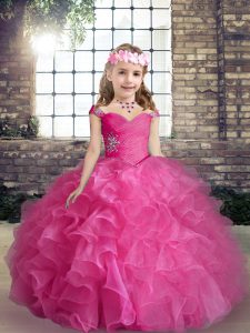 Hot Pink Sleeveless Floor Length Beading and Ruffles Lace Up Little Girls Pageant Dress