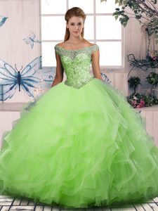 Ball Gowns Tulle Off The Shoulder Sleeveless Beading and Ruffles Floor Length Lace Up Quinceanera Gowns