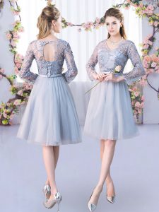 Fantastic Grey Tulle Lace Up Quinceanera Dama Dress Long Sleeves Knee Length Lace and Belt