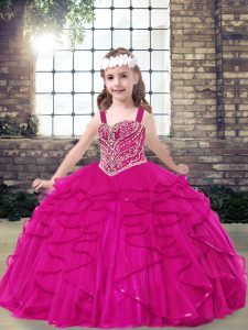 Exquisite Fuchsia Lace Up Kids Pageant Dress Beading Sleeveless Floor Length