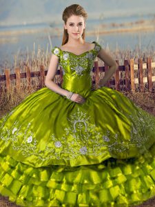 Off The Shoulder Sleeveless 15th Birthday Dress Floor Length Embroidery and Ruffled Layers Olive Green Satin and Organza