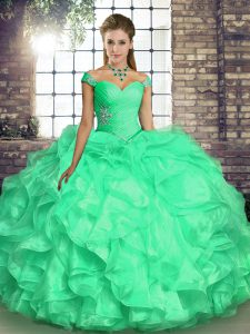 Custom Design Floor Length Turquoise Sweet 16 Dresses Off The Shoulder Sleeveless Lace Up