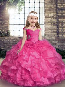 Stunning Sleeveless Floor Length Beading and Ruffles Lace Up Little Girl Pageant Dress with Hot Pink