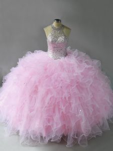Floor Length Lace Up 15 Quinceanera Dress Pink for Military Ball and Sweet 16 and Quinceanera with Beading and Ruffles
