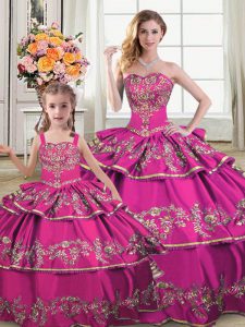 Sweet Sweetheart Sleeveless Lace Up 15th Birthday Dress Fuchsia Satin and Organza