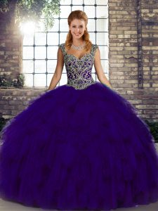 Romantic Floor Length Lace Up Quinceanera Gowns Purple for Military Ball and Sweet 16 and Quinceanera with Beading and Ruffles