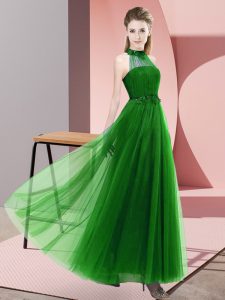 Floor Length Lace Up Quinceanera Dama Dress Green for Wedding Party with Beading and Appliques
