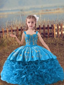 Baby Blue Straps Lace Up Embroidery Little Girl Pageant Dress Sweep Train Sleeveless