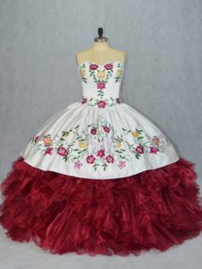 Gorgeous Sweetheart Sleeveless 15 Quinceanera Dress Floor Length Embroidery and Ruffles White And Red Organza