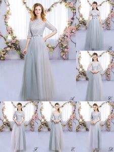 Glittering Grey Zipper Damas Dress Lace and Belt Half Sleeves Floor Length