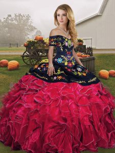 Red And Black Lace Up Quinceanera Gowns Embroidery and Ruffles Sleeveless Floor Length