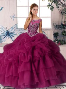 Fuchsia Sleeveless Organza Brush Train Zipper Quinceanera Dresses for Military Ball and Sweet 16 and Quinceanera