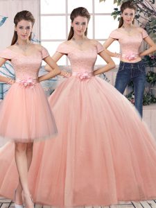 Adorable Short Sleeves Lace and Hand Made Flower Lace Up Sweet 16 Quinceanera Dress