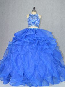 Romantic Blue Two Pieces Halter Top Sleeveless Organza Court Train Backless Beading and Ruffles Quince Ball Gowns