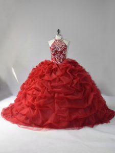 Clearance Sleeveless Court Train Lace Up Beading and Pick Ups Sweet 16 Dress