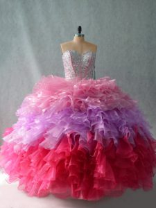 Discount Sweetheart Sleeveless Organza Quince Ball Gowns Beading and Ruffles Lace Up
