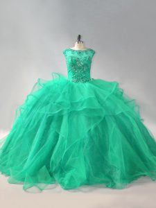 Ideal Beading and Ruffles Ball Gown Prom Dress Turquoise Lace Up Sleeveless