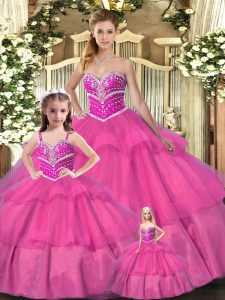 Chic Hot Pink Sleeveless Floor Length Beading Lace Up Sweet 16 Dress
